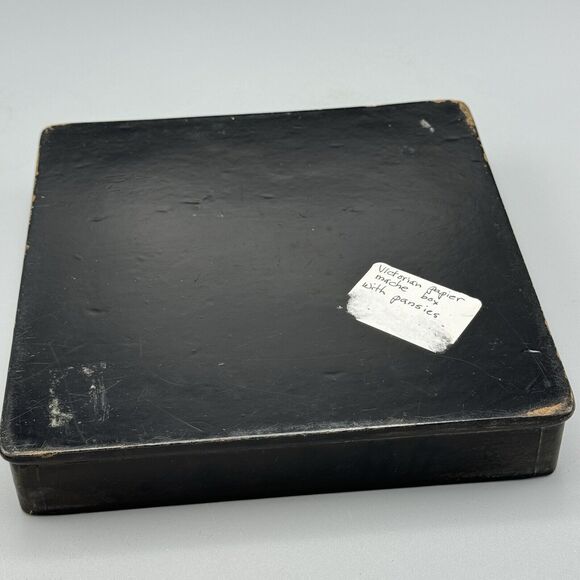 Antique Victorian Hand Painted Lacquered Papier Mache Square Box with Pansies - Picture 9 of 16